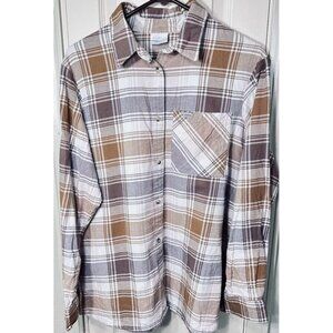 Columbia Womens 2X Tan Plaid Long Sleeve Flannel Shirt Outdoors Classic Hiking